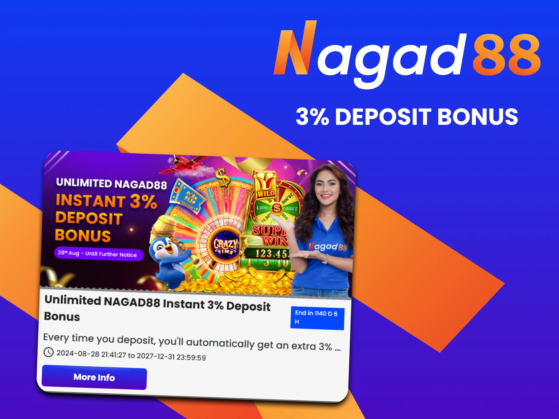 Get Nagad88 deposit bonus of up to 3%.