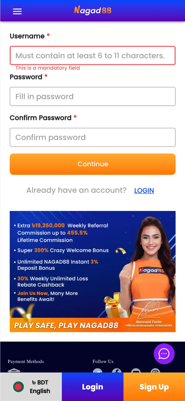 Nagad88 Casino: register and create your account with ease.